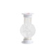 A white three-minute sand timer with a clear body and rounded ends, featuring a small logo on top.