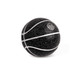 A mini basketball in black with a textured surface and white detailing, featuring a logo.