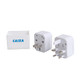 A white travel adapter set with two different plug types and a storage case, featuring a logo.