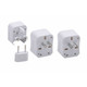 A universal plug travel adapter set featuring four white adapters for different plug types, including a dual pin adapter.