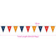 A string of 50 paper pennant flags in red, blue, and orange, measuring a total length of 20 metres.