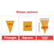 Yellow custom paper pennant string flags in triangle and square shapes, with options for custom shapes.