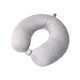 A U-shaped travel pillow in soft grey fabric, featuring a fastening button, ideal for comfort during journeys.
