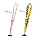 A yellow adjustable phone lanyard with a logo and a white lanyard featuring colourful patterns.