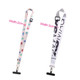 Two adjustable RPET phone lanyards in light pink with colourful prints and white with text, featuring different widths.