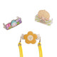 An adjustable phone lanyard with a yellow flower clip and two decorative attachments in various colours.