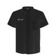 A black short-sleeved chef jacket with a single-breasted design and a chest pocket, featuring a logo.