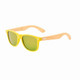 Sunglasses with yellow frames and green lenses, featuring wooden arms and a logo on the side.