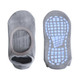 A pair of grey open top yoga socks featuring a textured underside for grip, with a logo on one sock.