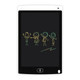 An LCD writing and drawing tablet in black and white with colourful sketches of four stick figures.