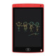 A red LCD writing drawing tablet featuring colourful stick figure drawings on a black background.