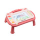 A pink magnetic drawing board with a stand, featuring a colourful drawing area and buttons in various shapes.