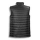 A black women's puffer vest with a quilted design and a high collar, featuring a branding logo.