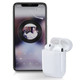 A pair of white wireless earbuds in a charging case next to a smartphone displaying a music app.