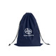 A navy drawstring laundry bag with a logo on the front and a wide base for stability.