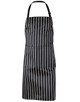 A black and white striped butcher's apron with a neck strap, featuring a logo.