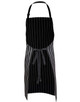 A black and white striped butcher's apron with a tie at the waist and a logo. Suitable for workwear.