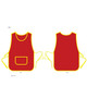 A red ladies' smock apron with yellow trim and a front pocket, featuring ties on the sides.