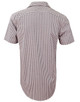 A short-sleeved men's button-up shirt featuring a brown and white gingham check pattern, with a logo on the back.