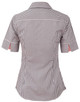 A black and white gingham check short-sleeve button-up shirt featuring a fitted design and a logo.
