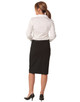 A women's black mid-length lined pencil skirt in wool stretch, worn with a white shirt and black heels.