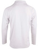 A white long sleeve cricket polo shirt with a classic collar and a logo on the back.