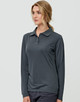 A long-sleeve polo shirt in dark grey, featuring a collar and a logo. Suitable for ladies' wear.