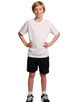 Kids cooldry sports shorts in black, paired with a white sports t-shirt. The outfit is modelled by a young boy.