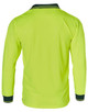 A long-sleeved, high-visibility polo shirt in bright yellow with navy accents and a branded logo.