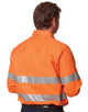 A bright orange long-sleeve drill shirt with reflective 3M tape stripes, featuring a logo on the back.
