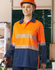 Unisex long-sleeve polo shirt in bright orange and navy, featuring reflective stripes and a logo.