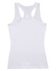 A white ladies' fitted stretch singlet with a racerback design and a logo on the backside.