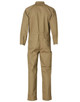 A khaki men's cotton drill coverall with a back view, featuring a fitted waist and long sleeves.