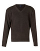 A V-neck jumper in dark brown wool and acrylic knit, featuring long sleeves and a branded label.