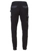 A pair of black work pants featuring grey accents and multiple pockets, with a logo on the waistband.