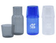 A drink bottle set featuring a clear carafe, a blue tumbler, and a grey tumbler, with a logo present.