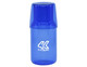 A drink bottle in vibrant blue with a clear cap, featuring a logo on the side.