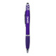 A purple fidget pen with a stylus tip and a clip, featuring a logo on its body.