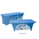A blue stretch table cover with an open back, featuring an abstract travel-themed design.