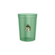 A translucent green plastic stadium cup with a logo on the front.