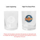 Two clear whiskey glasses are displayed side by side, one with a laser engraving and the other with a colourful decal print.