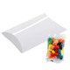 A pillow-shaped box next to a clear packet containing colourful jelly beans in various shades.
