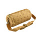 A tan Kraft paper duffle bag with a patterned design and adjustable strap, featuring a logo.