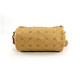 A kraft paper duffle bag in brown with a patterned design and a sturdy strap. Features a branding logo.