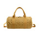 A yellow Manila Kraft paper duffle bag with handles and a shoulder strap, featuring a subtle logo pattern.