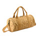 A Manila kraft paper duffle bag in a light brown shade, featuring two handles and a detachable shoulder strap.