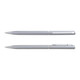 A metal pen in a sleek grey finish, featuring a clip and a clear section for branding.