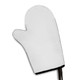 A white neoprene oven mitt with black stitching and a hanging loop. Suitable for kitchen use.