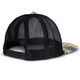 A flat peak mesh cap in black with a tropical print brim and an adjustable strap at the back.