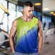 A sleeveless sports singlet featuring a gradient design in green and blue, with a logo on the side.